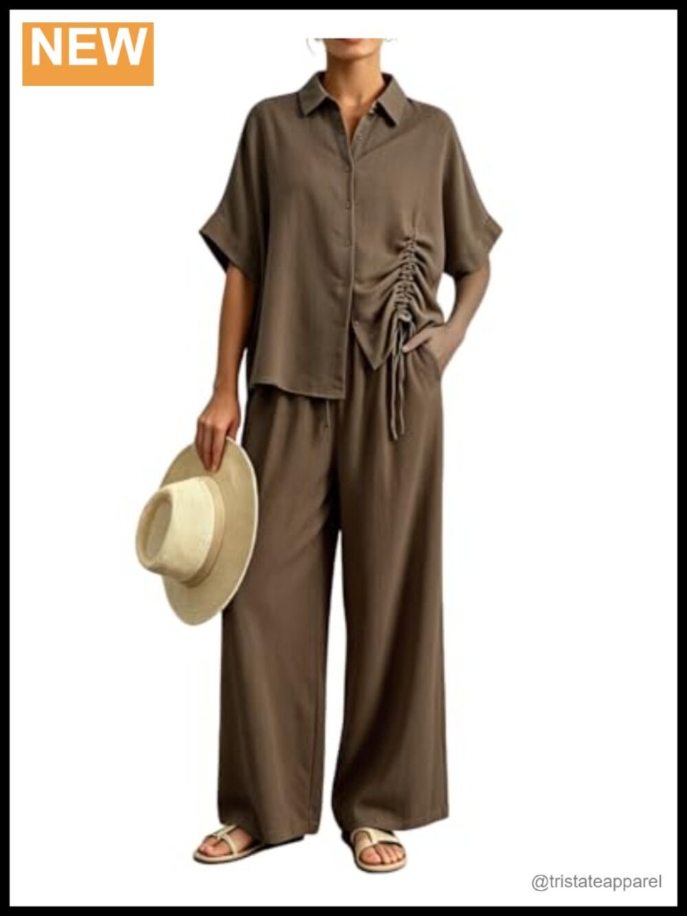Women's 2 Piece Linen Blend Outfit: Ruched Button-Down Shirt & Wide Leg Pants